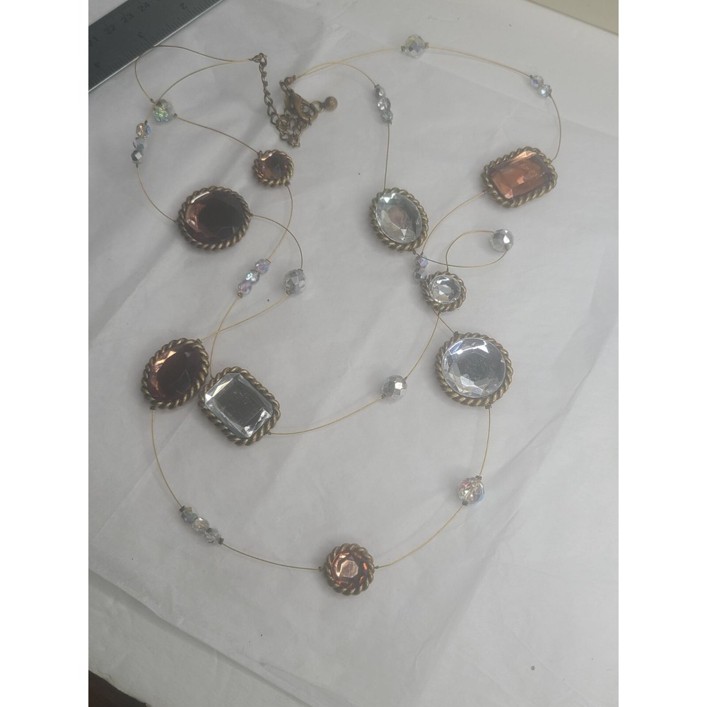 Chico's Long Multi-Gemstone Necklace With Bronze Chain & Rhinestone Accents